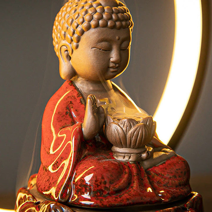 Buddha Stones Bouddha Lotus Fontaine à fumée à refoulement Brûleur d'encens de bénédiction en céramique avec décoration lumineuse