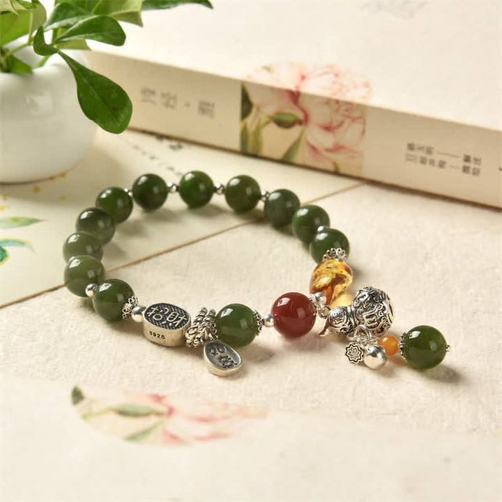 Bracelet de réussite en argent sterling 925 Buddha Stones et jade cyan Hetian