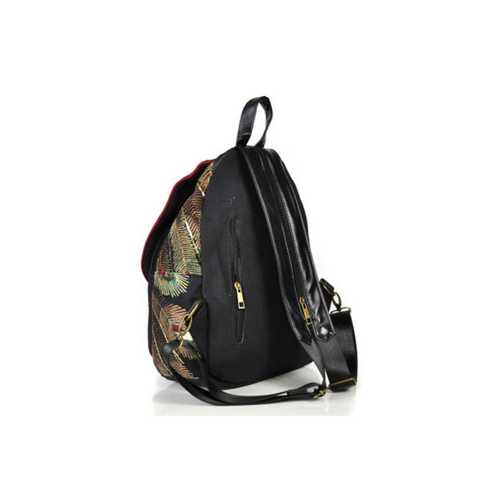 Sac à dos à pompons en toile avec broderies de paon et Buddha Stones