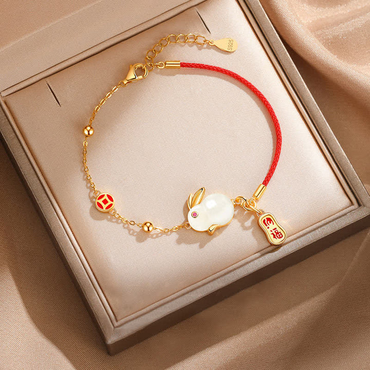 Bracelet en chaîne rouge en jade blanc et pierres de Buddha Stones Année du lapin