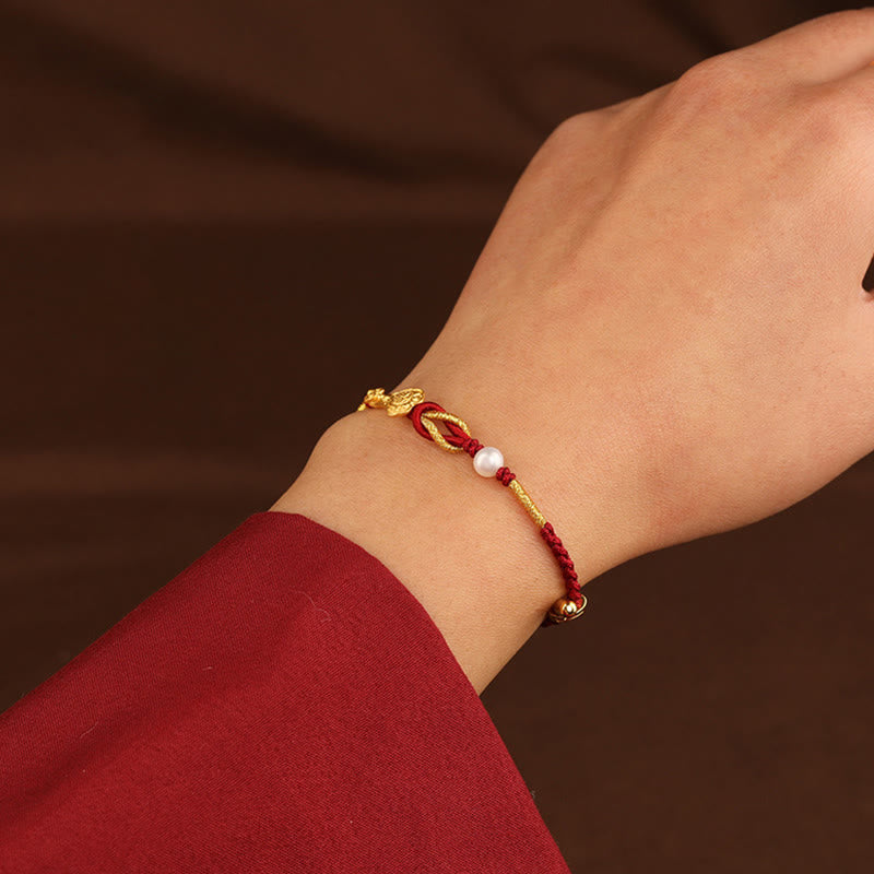 Bracelet tressé porte-bonheur en or 24 carats avec perles et lapin en forme de personnage Fu avec poignée Ruyi et Buddha Stones