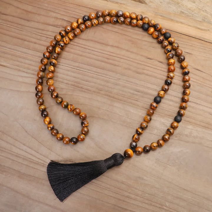 Bracelet Mala 108 Buddha Stones avec pompon de protection en œil de tigre