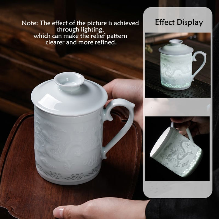 Buddha Stones Jingdezhen Linglong Porcelaine Auspicieux Dragon Phoenix Bateau Voile Douce Tasse à Thé en Céramique Tasses à Thé de Bureau 420 ml