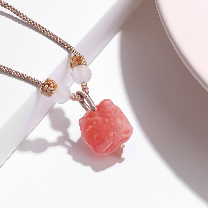 Buddha Stones Collier de protection Lion dansant en Obsidienne rouge Agate naturelle argentée Pendentif