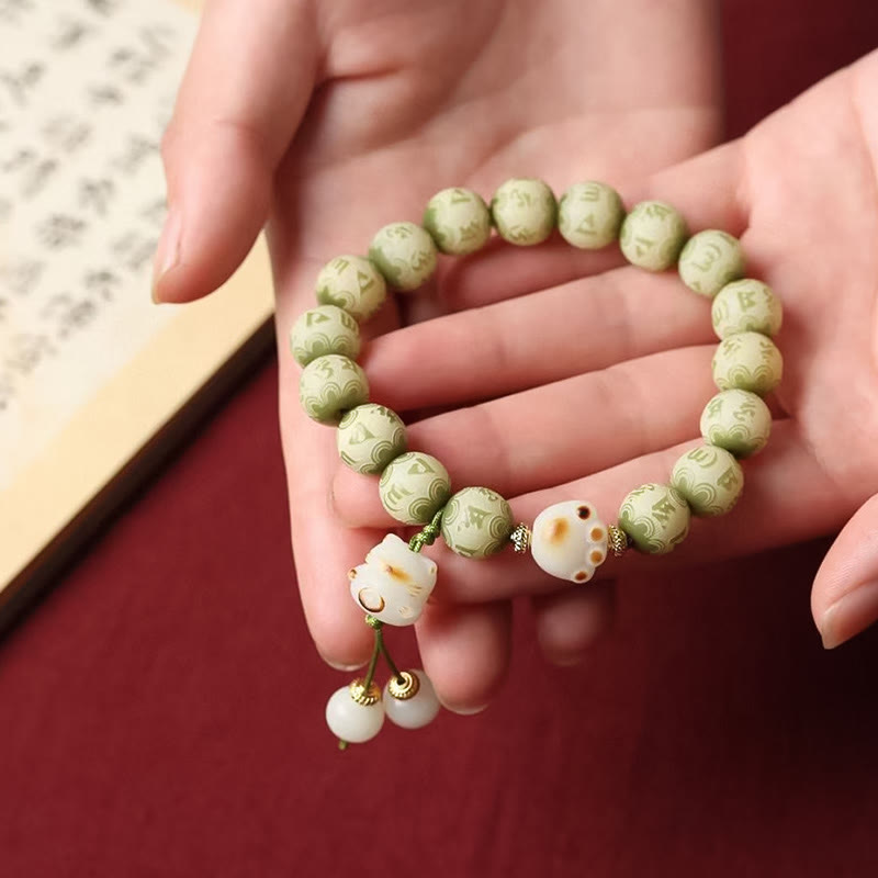Bracelet de sagesse gravé en forme de patte de chat avec graines de Bodhi vertes et pierres de Buddha Stones Om Mani Padme Hum - image 8