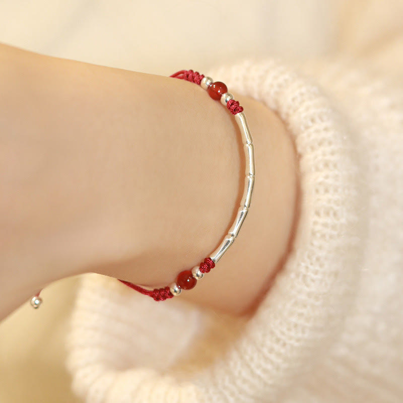 Bracelet tressé en argent sterling 925 avec perles d'agate blanche et d'agate rouge en bambou et pierres de Buddha Stones