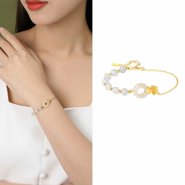Bracelet Buddha Stones -bonheur en argent sterling 925 avec boucle de paix en jade blanc Hetian et feuilles de ginkgo - image 8
