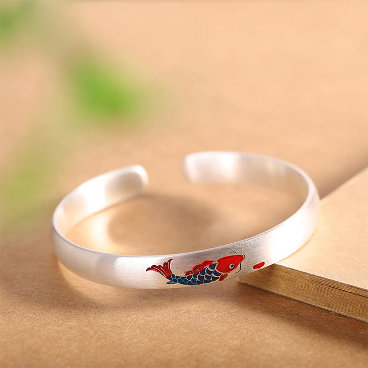 Bracelet manchette porte-bonheur en argent sterling 999 Buddha Stones et poisson koï