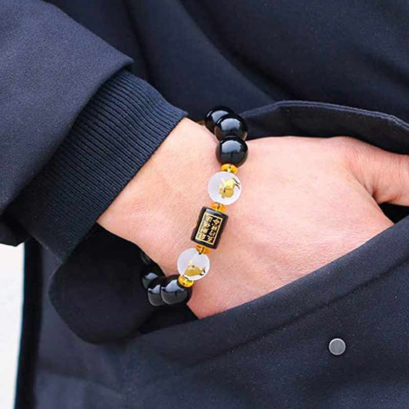 Buddha Stones Zodiaque chinois Feng Shui Obsidienne Bracelet de richesse à cinq éléments
