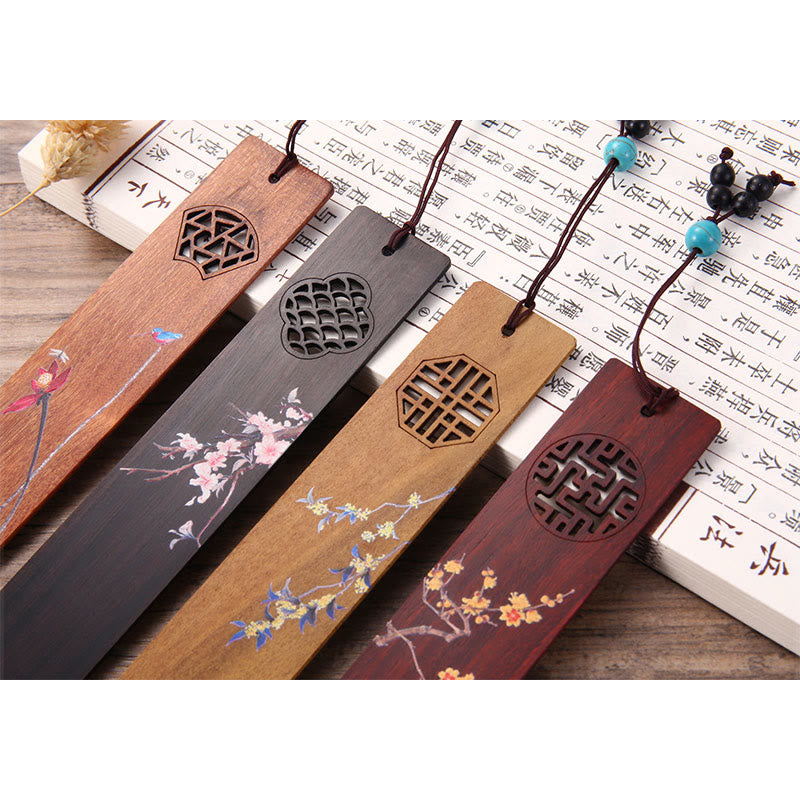Lot de 4 marque-pages en bois avec Buddha Stones , orchidée, prunier, bambou, chrysanthème, masque d'opéra de Pékin, avec boîte cadeau