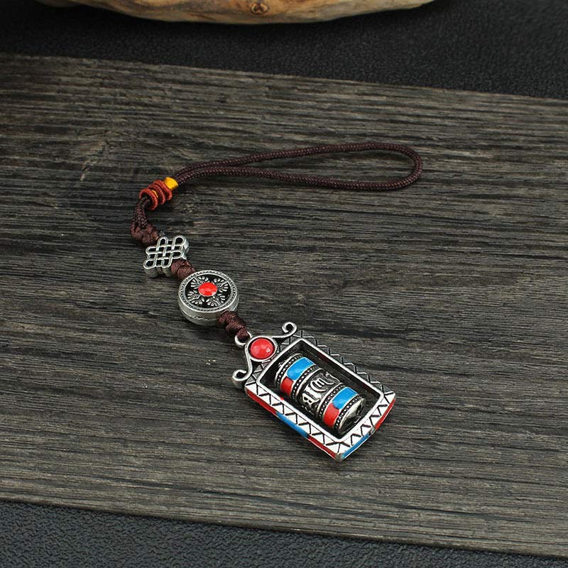 Porte-clés décoratif avec nœud rotatif et bénédiction en forme de roue de prière en six mots vrais en Buddha Stones