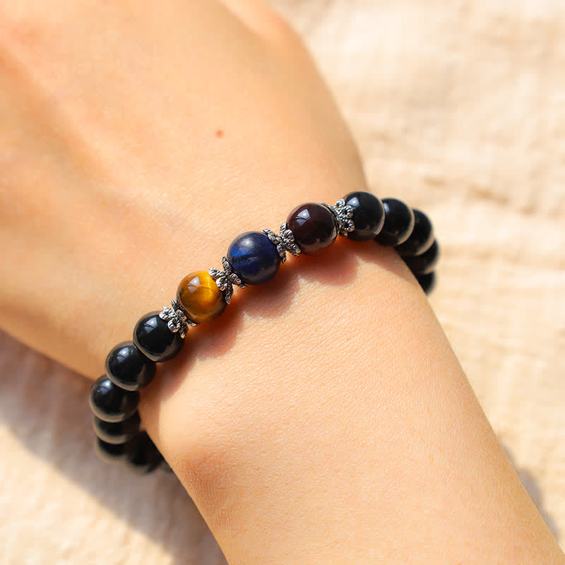 Bracelet de force en obsidienne noire naturelle et œil de tigre tricolore
