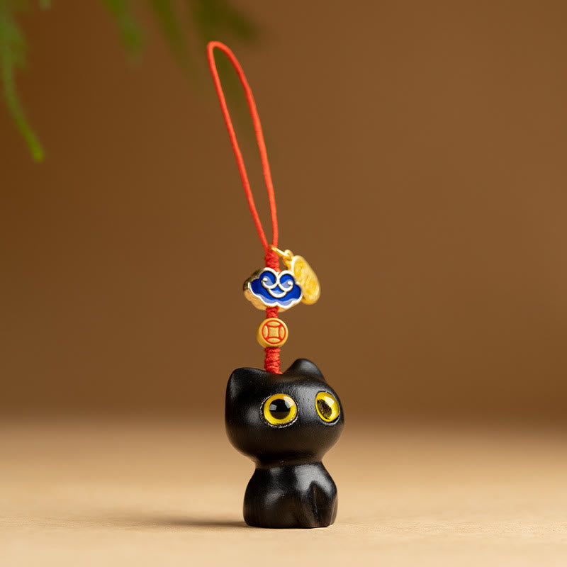 Porte-clés de protection en bois de santal rouge et ébène avec petites feuilles de Buddha Stones, porte-clés pour téléphone, décoration à suspendre - Chat ébène - Décoration suspendue pour téléphone - image 13