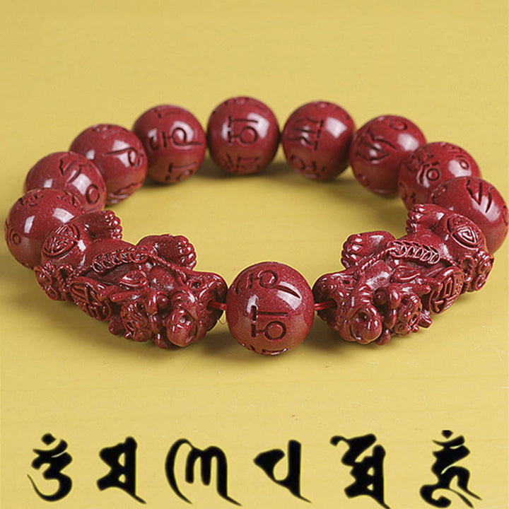 Bracelet de perles de chance et de richesse en Buddha Stones Double PiXiu Cinabre Om Mani Padme Hum