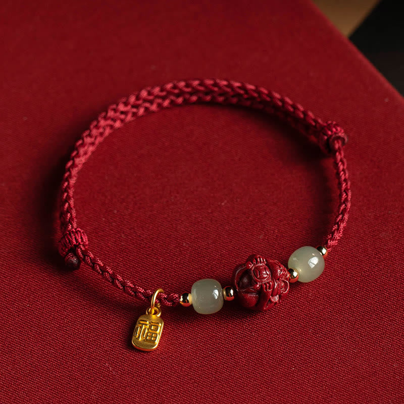 Bracelet en corde porte-bonheur en jade Hetian Buddha Stones et cinabre naturel, signe du zodiaque chinois