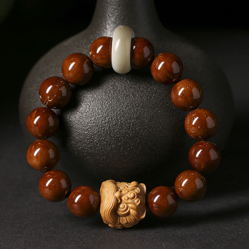 Bracelet de sagesse du lion dansant en Buddha Stones et graines de Bodhi violettes