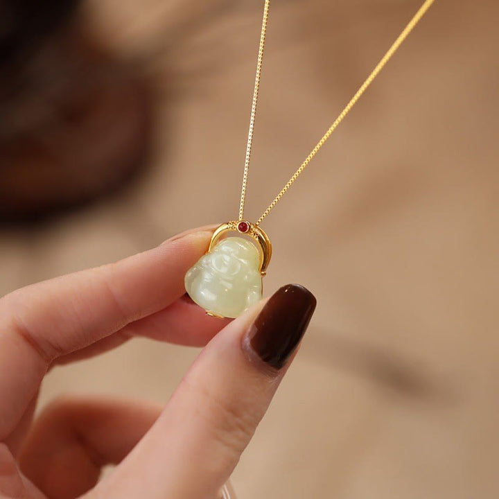 Buddha Stones en argent sterling 925 et jade Hetian naturel avec Bouddha rieur - image 1