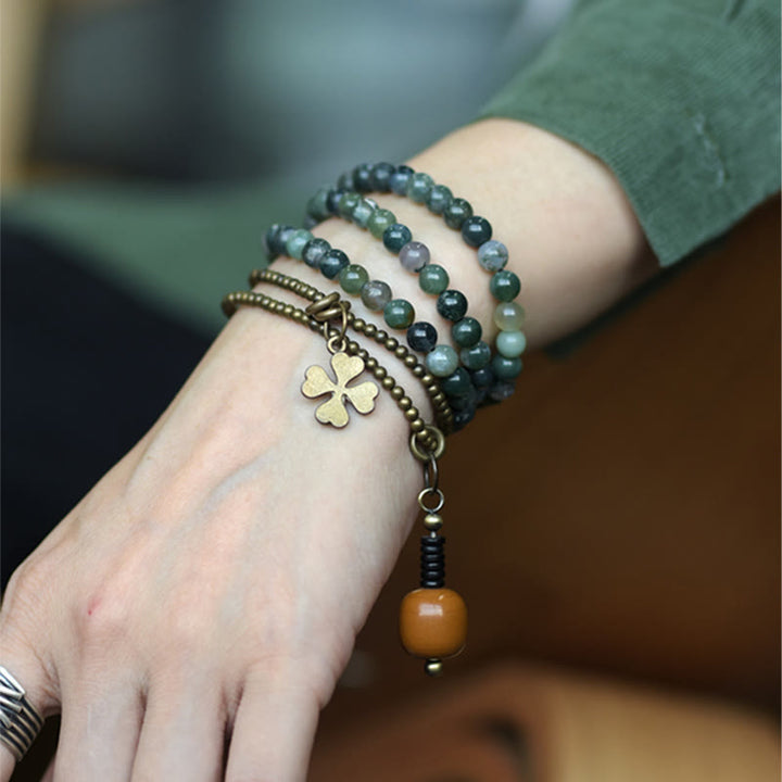 Bracelet porte-bonheur multicouche en cuivre et agate mousse avec Buddha Stones