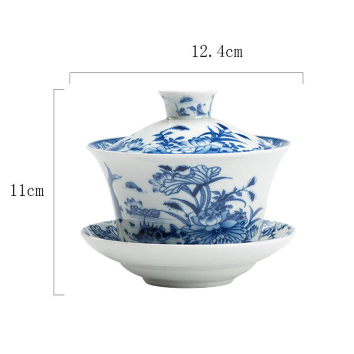 Buddha Stones Porcelaine Bleue et Blanche Lotus Koi Poisson Danse du Lion Pastèque Céramique Gaiwan Sancai Tasse à Thé Kung Fu Tasse à Thé Et Soucoupe Avec Couvercle 300 ml