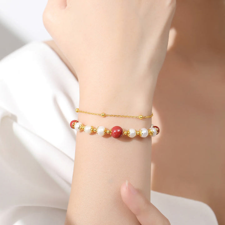 Bracelet à chaîne double couche en argent sterling 925 avec perles de sagesse et cinabre de Buddha Stones - image 2
