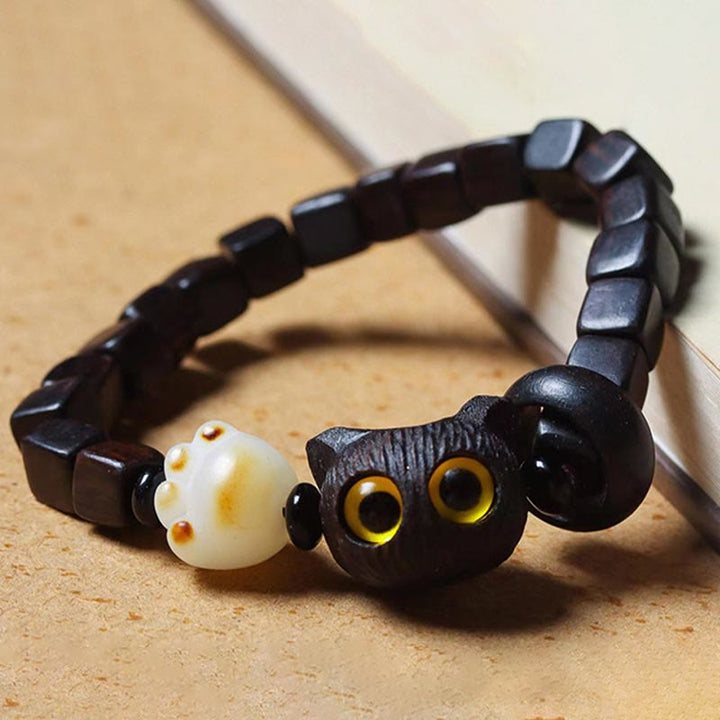Bracelet calme en perles carrées en bois d'ébène et Buddha Stones en forme de patte de chat mignon - image 3