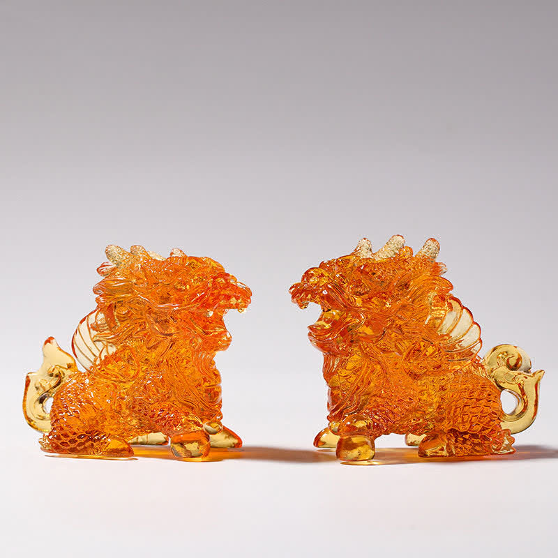 Buddha Stones Feng Shui Kirin Pièce d'art en cristal Liuli faite à la main Décoration de bureau à domicile - Or - Une paire - image 5
