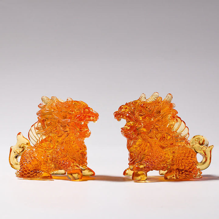 Buddha Stones Feng Shui Kirin Pièce d'art en cristal Liuli faite à la main Décoration de bureau à domicile - Or - Une paire - image 5