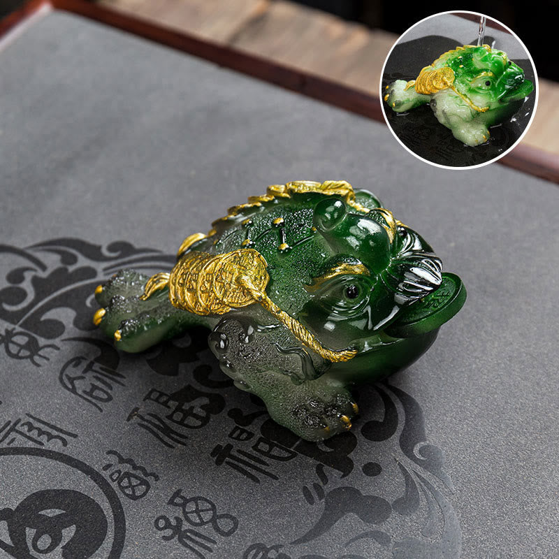 Buddha Stones changeantes de couleur FengShui richesse grenouille porte-bonheur pièce de cuivre thé animal de compagnie figurine en résine décoration - Vert - 15,5 x 7,5 cm - image 10