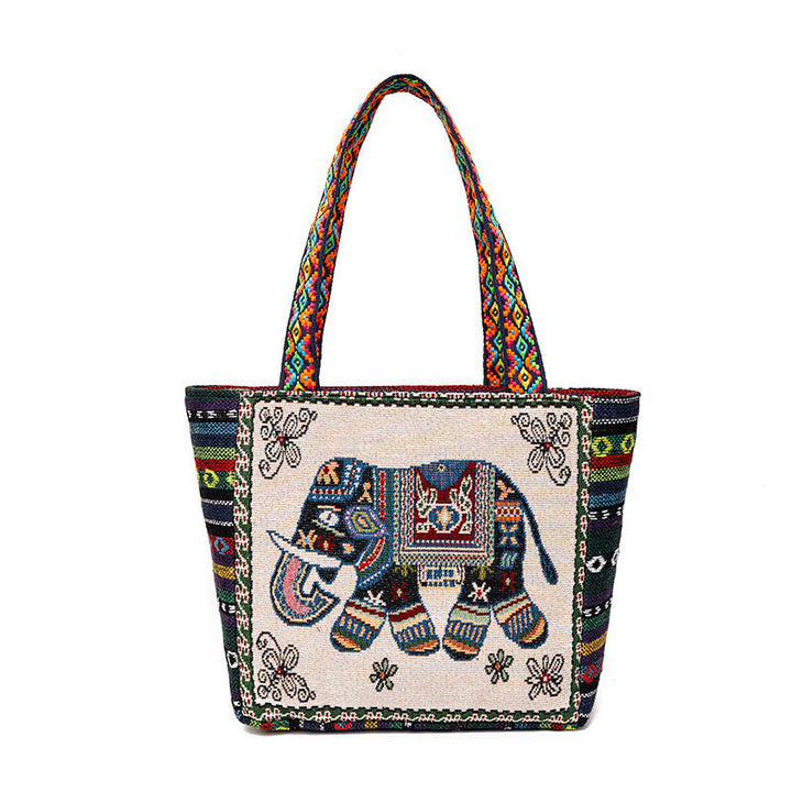 Sac fourre-tout en toile brodé de grande capacité avec Buddha Stones, éléphant et papillon