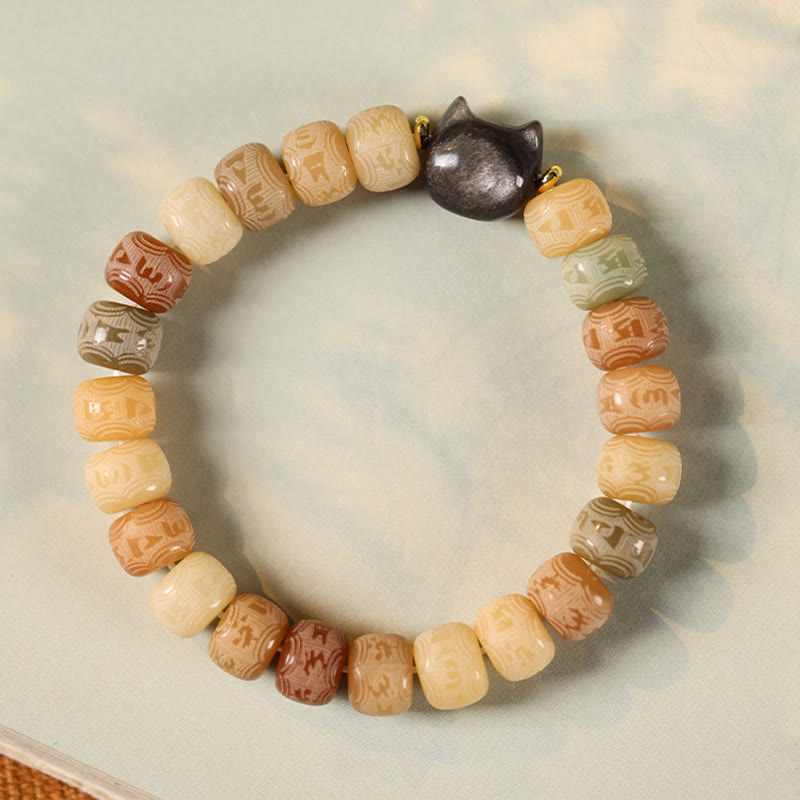Bracelet d'harmonie gravé en obsidienne argentée Buddha Stones de Bodhi et pierres de Bouddha Tête de chat Om Mani Padme Hum - image 2