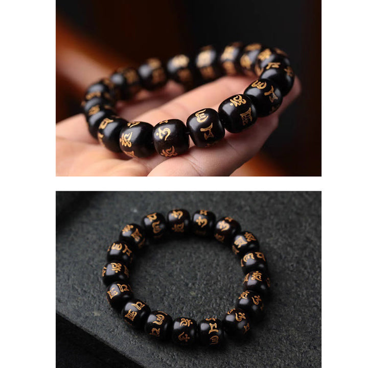 Bracelet de paix gravé en bois d'ébène tibétain avec Buddha Stones Om Mani Padme Hum