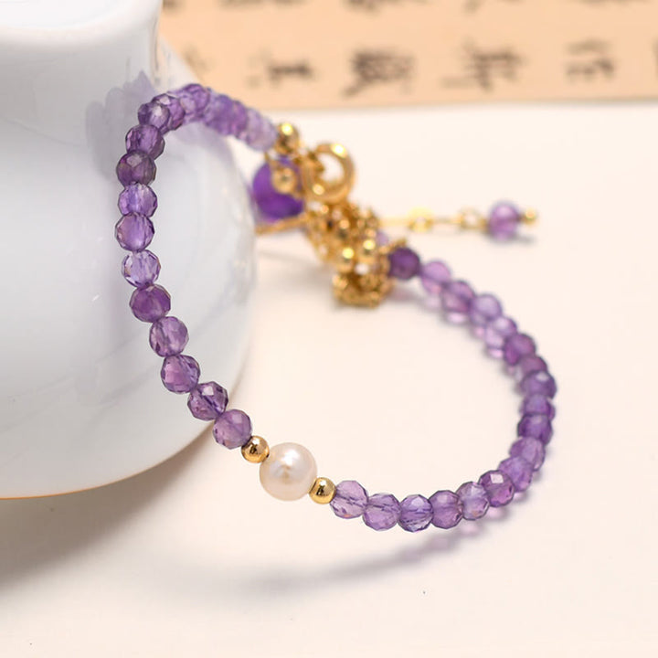 Bracelet double chaîne de guérison en cristal d'améthyste plaqué or 14 carats de Buddha Stones