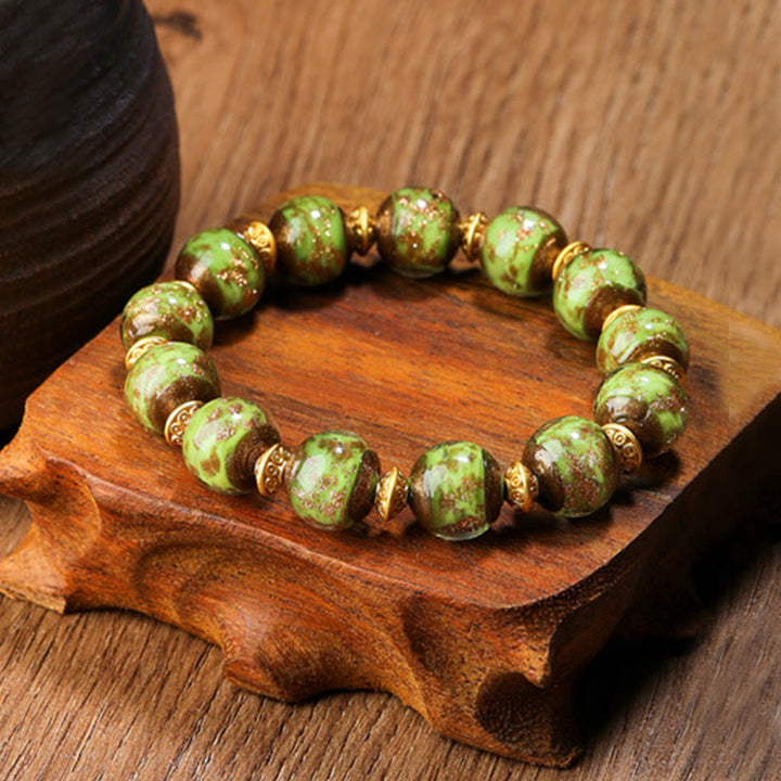 Bracelet porte-bonheur en perles de verre Liuli avec breloque de la famille des bêtes avaleuses en or et Buddha Stones - Vert - Version simple - 12 mm - image 13