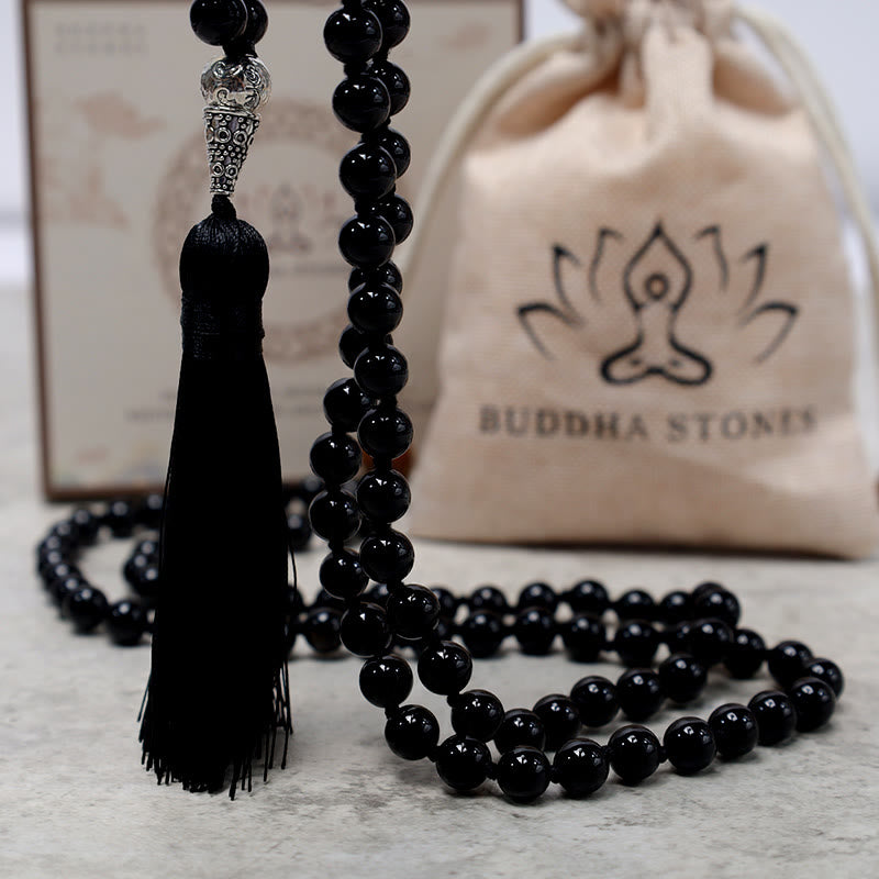 Collier de perles de prière de méditation de yoga en perles d'onyx noir de 108 Buddha Stones