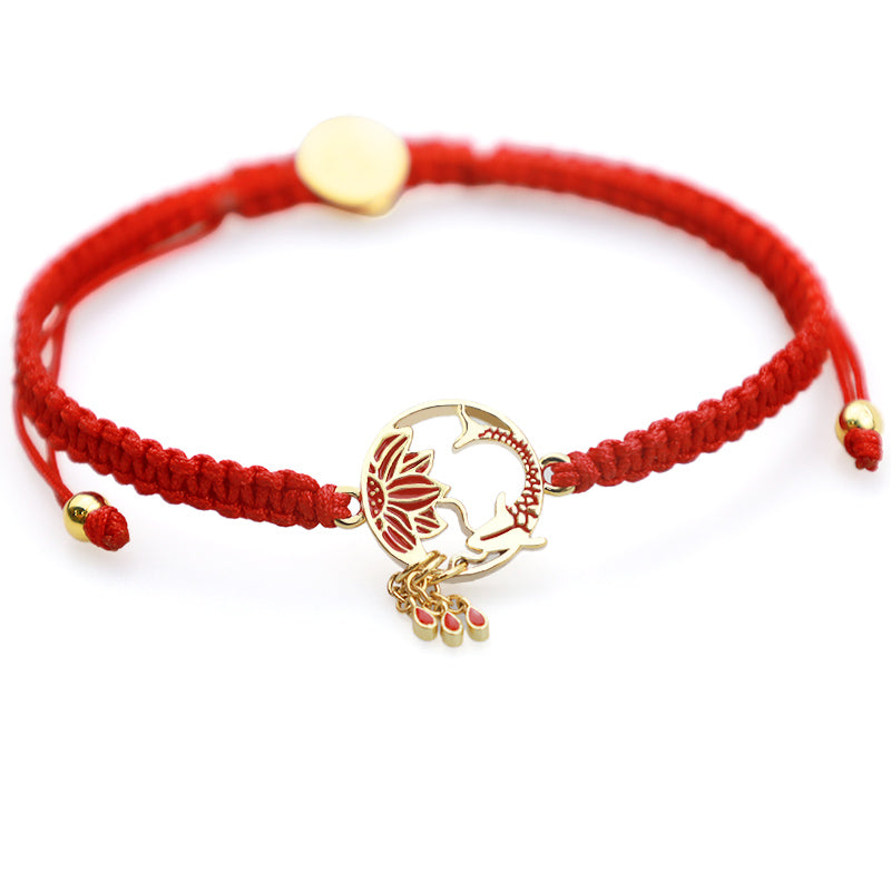 Bracelet tibétain en fil rouge porte-bonheur fait main avec Buddha Stones et poisson koi