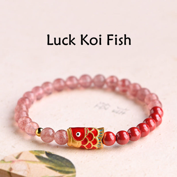 Bracelet de guérison porte-bonheur en quartz fraise et cinabre en Buddha Stones