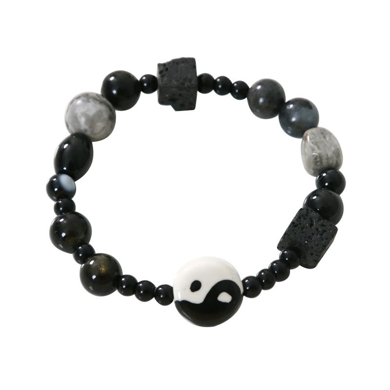 Bracelet de protection de la fortune Yin Yang en perles de jaspe Picasso et onyx noir Buddha Stones