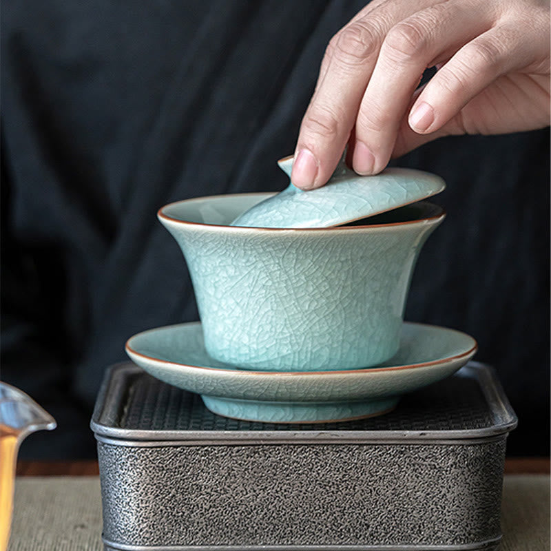 Tasse à thé et soucoupe en céramique avec couvercle en forme de Buddha Stones, style rétro, vert glacé, Gaiwan, Sancai
