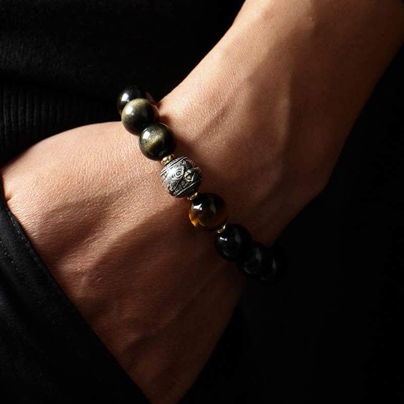 Buddha Stones pour vivre un renversement de fortune Bracelet de protection en obsidienne arc-en-ciel et or brillant