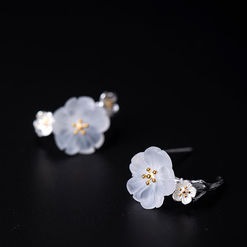 Boucles d'oreilles en argent sterling 925 Buddha Stones et fleurs de prunier