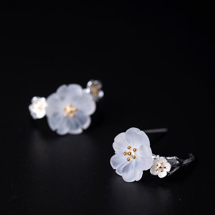 Boucles d'oreilles en argent sterling 925 Buddha Stones et fleurs de prunier