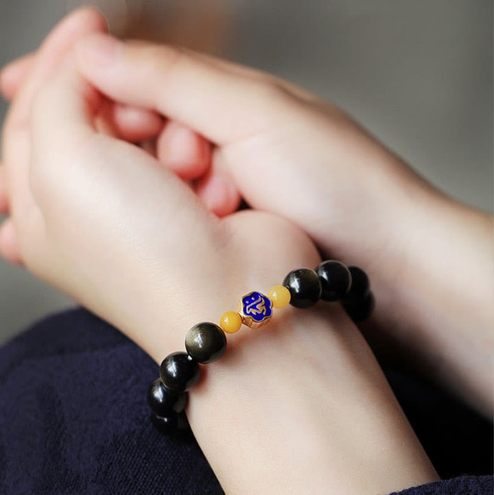 Bracelet de protection de richesse en obsidienne et ambre en argent sterling 925 avec Buddha Stones et zodiaque chinois