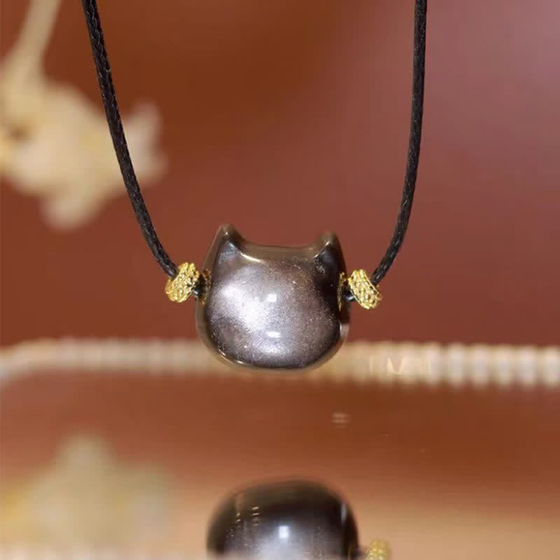 Bracelet de protection porte-bonheur en obsidienne dorée et argentée avec Buddha Stones et jolie patte de chat porte-bonheur - Obsidienne argentée - Collier - 14*15*9mm - image 38