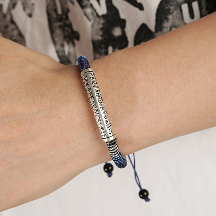 Bracelet tressé fait main en argent sterling 999 Buddha Stones et cœur Sutra Calme