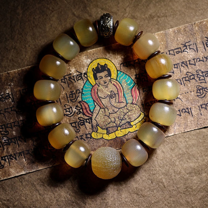 Bracelet de bon augure tibétain en corne de mouton fait main avec Buddha Stones Om Mani Padme Hum