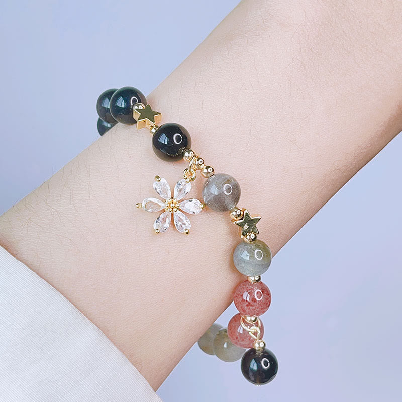 Bracelet de protection en obsidienne naturelle argentée avec Buddha Stones , cœur, étoile, fleur