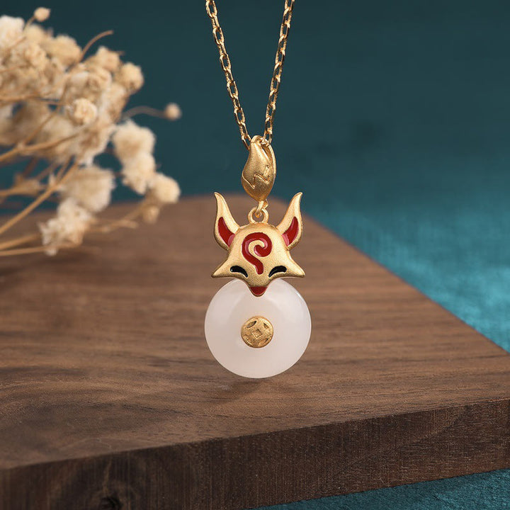 Collier pendentif en cuivre avec Buddha Stones et renard en jade blanc