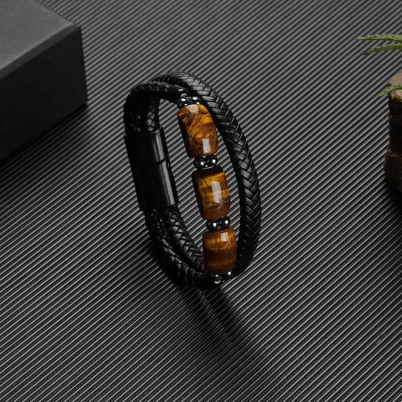Bracelet en cuir avec boucle magnétique et protection naturelle de l'œil de tigre et des Buddha Stones