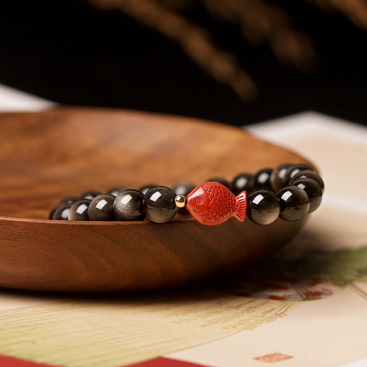 Bracelet de protection apaisante en obsidienne et cinabre avec Buddha Stones et reflets argentés naturels