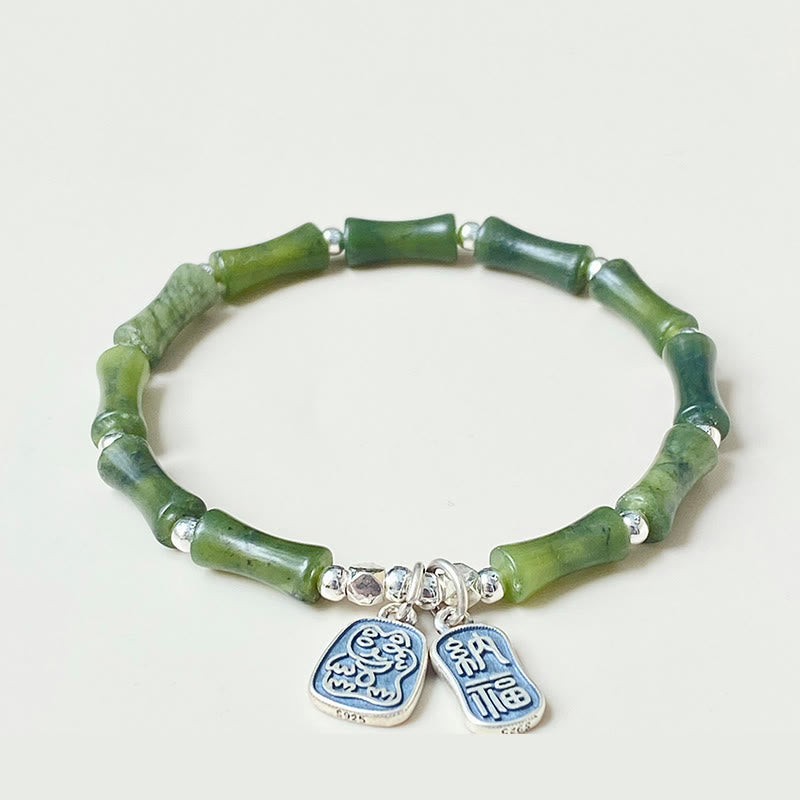 Bracelet en argent sterling 925 Buddha Stones et jade en bambou, chat porte-bonheur, personnage Fu, chance et abondance - image 5